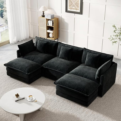 Modular Sectional Sofa, 111.5 Inch U-Shaped Cloud Sofa with Deep Seat Chenille Sofa with Cushions, Three-Self Sectional Sofa for Living Room Apartment,Black