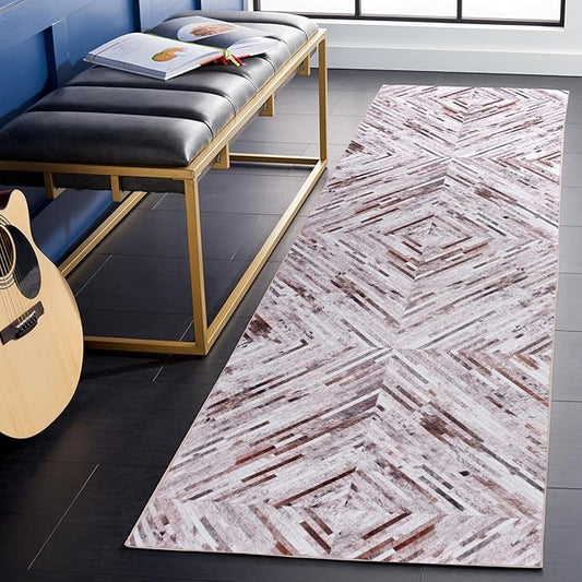 SAFAVIEH Washable Rug Faux Hide Collection - 2'6" x 8' Runner, Beige & Brown, Slip Resistant, Western Rustic Decor, Printed Pattern, Ideal for Living Room, Hallway, Kitchen, Foyer, Bedroom (FAH526A)