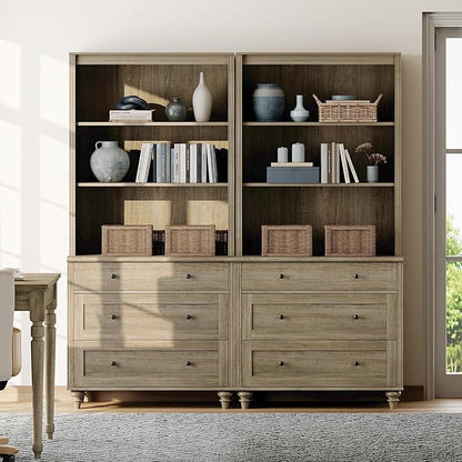 WAMPAT 3 Tier Bookshelf with 6 Wooden Drawers, 72" Tall Large Farmhouse Display Bookcase with Open Book Shelves, Mid Century Style Bookshelves for Living Room, Bedroom, Study Room, Wash Grey (2PCS)