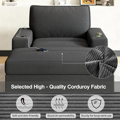 Christopher Knight Home Zoe Oversized Chaise Lounge Chair Indoor with Cup Holders & USB Charging Port, Corduroy Upholstered Sofa Bed + Ottoman with Storage, Comfy Deep Seat Sleeper Sofa Chair, Grey