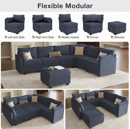 Modular Sectional Sofa Couches, Large Convertible Modular Couches With Storage, 7-Seater Sectional Sofa For Living Room, U Shaped Sectional Couch Sleeper Sofa With Chaise (BlueGrey, 7 Seats)