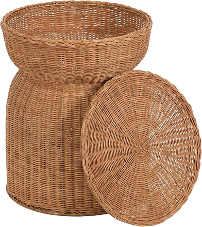 Kate and Laurel Thatch Modern Woven Rattan Round Storage Side Table, 17 x 17 x 21, Natural Rattan, Lift-Top End Table for Use as Hidden Storage Basket, Nursery Toy Storage, or Small Laundry Hamper