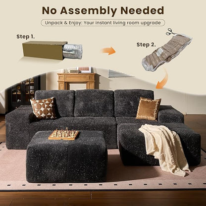 114" Glitter Cloud Sectional Couch with L-Shape Chaise & Ottoman, Modern Boneless Couches for Living Room, Fluffy Tufted Deep Seat Modular Sofa No Assembly (Gray Sparkly Velvet,Right Facing)