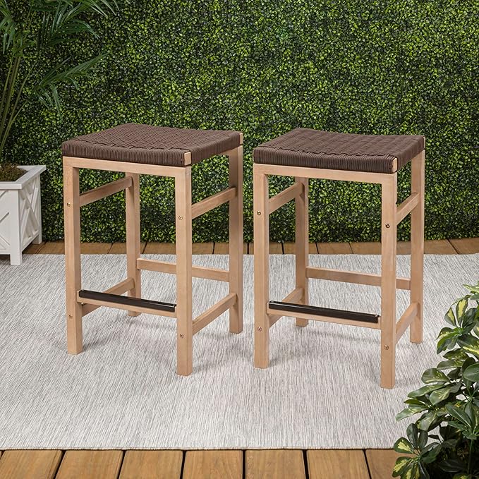 JONATHAN Y CSL1201C-SET2 Armand 25.6" Modern Coastal Backless Acacia Wood Outdoor Counter Stool with Woven Rope Seat, for Pool, Deck, Poolside, Light Teak/Brown (Set of 2)
