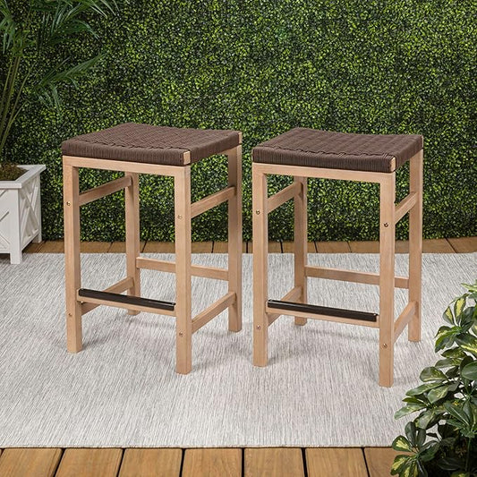 JONATHAN Y CSL1201C-SET2 Armand 25.6" Modern Coastal Backless Acacia Wood Outdoor Counter Stool with Woven Rope Seat, for Pool, Deck, Poolside, Light Teak/Brown (Set of 2)