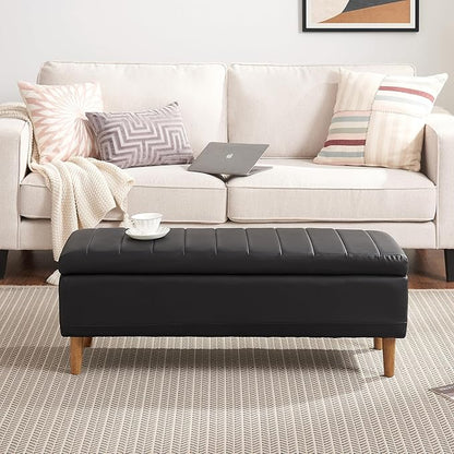 VECELO 44.5" Black Ottoman with Storage, Faux Leather Storage Ottoman Bench with Safety Hinge & Solid Wood Legs, Large Bench for Living Room, Entryway, Holds up to 330 lb