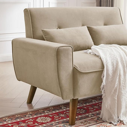 48" Small Loveseat Sofa, Mid Century Modern Love Seat with Back Cushions and Plastic Legs, 2 Seater Couches for Living Room, Bedroom, Small Spaces, Beige