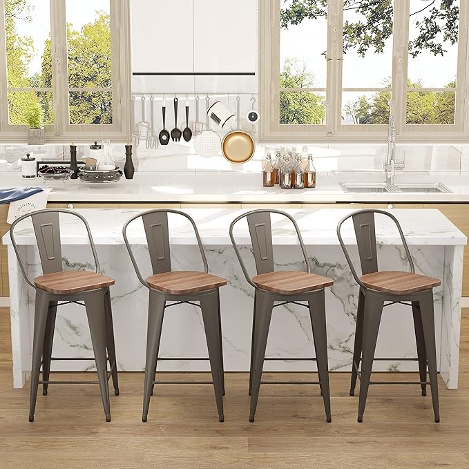 Aklaus Swivel Metal Bar Stools with Backs Counter Stools Set of 4 Counter Height Stools High Back Bar Chairs 30 Inch Barstools Farmhouse Rusty