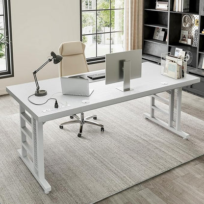 Coleshome 71 Inch Executive Desk with USB Ports, Large Computer Desk with Extra Thick, Long Mordern Office Workstation, Business Furniture for Home Office, White