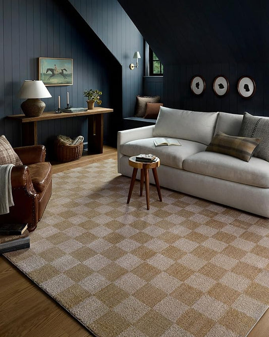 Loloi Chris Loves Julia Calvin Collection CLV-01 Wheat/Ivory 6'-3" x 9'-6" Area Rug Checkered Neutral Soft Living Room Bedroom Carpet