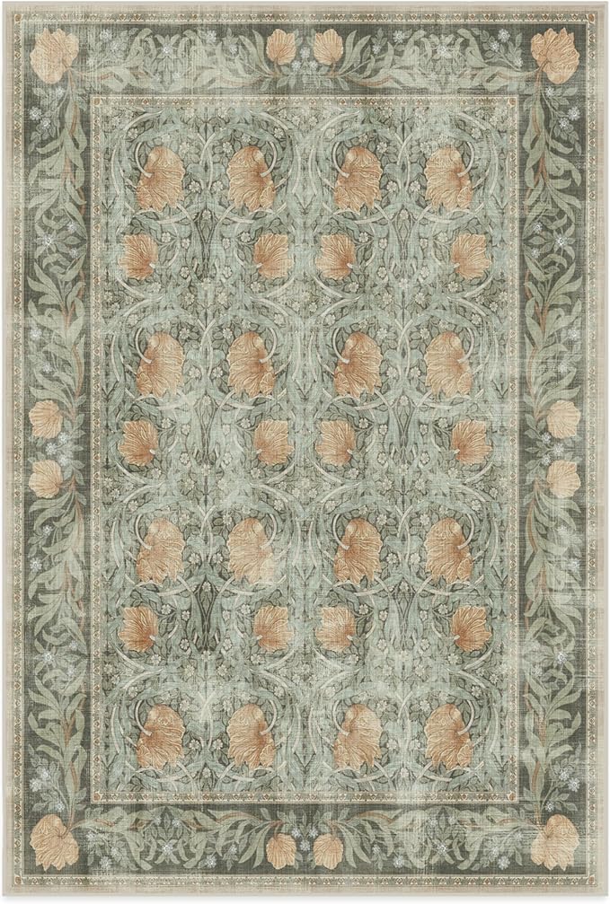 RUGGABLE x Morris & Co Washable Area Rug – Pimpernel Vintage Green 6x9, Stain-Resistant, Non-Slip – Medium Machine Washable Rugs for Living Room, Bedroom, Hallway, Entryway & Office–with Standard Pad