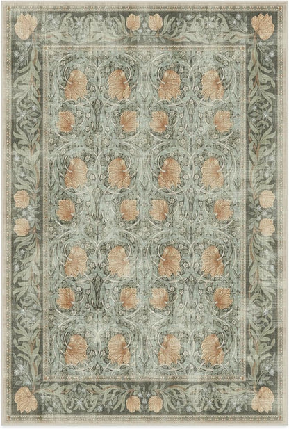 RUGGABLE x Morris & Co Washable Area Rug – Pimpernel Vintage Green 6x9, Stain-Resistant, Non-Slip – Medium Machine Washable Rugs for Living Room, Bedroom, Hallway, Entryway & Office–with Standard Pad