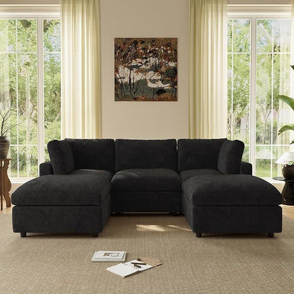 WJShome 100 Inch U Shaped Modern Sofa Modular Sectional Cloud Couch with 2 Ottoman, 4-Seat Chenille Deep Seat Couches for Living Room, Bedroom and Apartment，Black