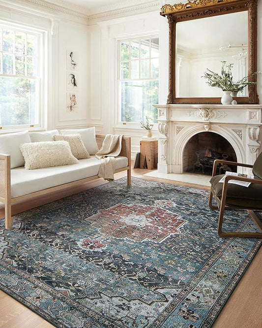 Loloi Margot Collection MAT-05 Ocean/Brick 7'-6" x 9'-6" Area Rug feat. CloudPile, No-Shed Easy Clean Large Patterned Area Rug for Living Room, Bedroom, Dining Area