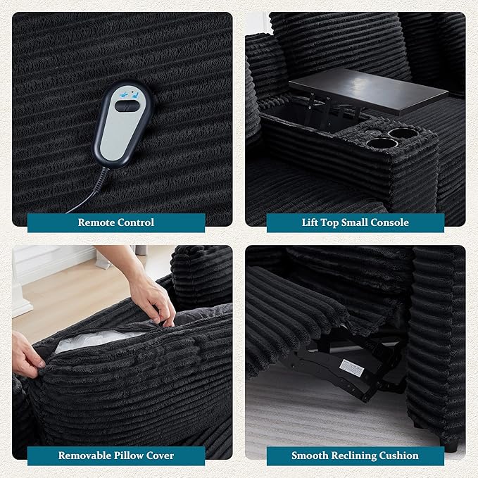 ORRD Modern Armless Power Recliner Sofa Seat for Modular Sectional Couch for Living Room-Black