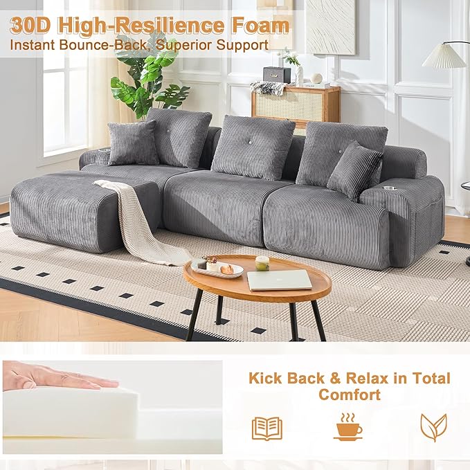118" Modular Sectional Sofa, Cloud Sectional Couch with Deep Seat, Modern Modular Sofa with L Shaped Comfy Cloud Upholstered Boneless Couches for Living Room Bedroom, Grey