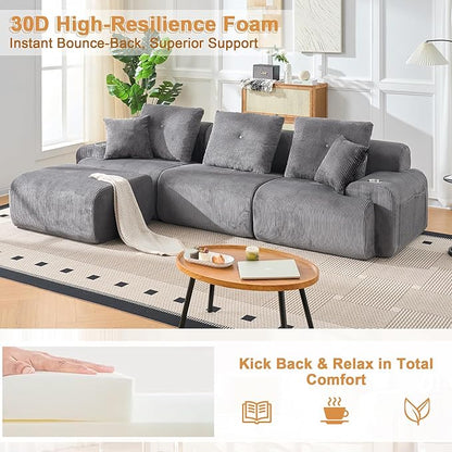118" Modular Sectional Sofa, Cloud Sectional Couch with Deep Seat, Modern Modular Sofa with L Shaped Comfy Cloud Upholstered Boneless Couches for Living Room Bedroom, Grey
