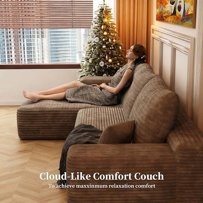 107.5" Boneless L-Shaped Modular Sectional Sofa Couches for Living Room, Corduroy Upholstered Couch with Deep Seat, Large 2-Seater Cloud Sectional Couch, No Assembly, (Camel, Left Facing Chaise)