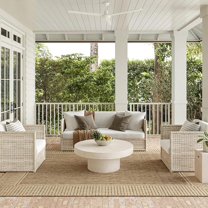 nuLOOM 2' x 6' Outdoor/Indoor Asha Area Rug, Asha Light Brown, Casual Design with Striped Border, Stain Resistant, Highly Durable, for Patio, Balcony, Bedroom, Living Room, Dining Room, Bathroom