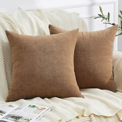 GAWAMAY Decorative Square Throw Pillow Covers 22x22 Inch Set of 2, Super Soft Chenille Pillows Farmhouse Fall Pillowcase for Living Room Bedroom Sofa Couch Cushion Cover Brown 55x55cm (No Inserts)