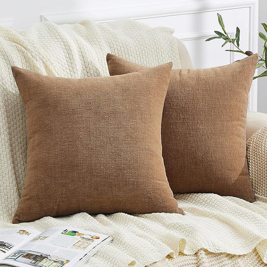 GAWAMAY Decorative Chenille Throw Pillow Covers 26x26 Inch Pack of 2, Soft Square Couch Pillow Cover for Sofa Cushion Living Room Bedroom Solid Dyed Oversized Pillowcases Brown 66x66cm (ONLY Covers)