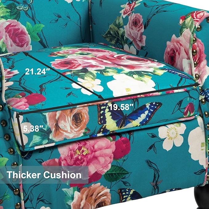 Accent Chair, Upholstered High Back Floral Armchair with Nailhead Trim & Wood Legs, Comfy Wingback Reading Single Sofa Chair for Small Spaces, Living Room, Bedroom (Blue Floral, Set of 2)