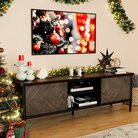 Lenia 65 Inch Solid Acacia Wood TV Stand, Modern Farmhouse Mid Century Media TV Console, Entertainment Center with Storage & Cabinets for Living Room, Mocha Black Finish