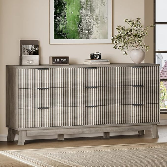 63" Long Dresser for Bedroom, 9-Drawer Fluted Dresser, Extra-Wide Wood Chest of Drawers with Smooth Metal Slides, Stable Base, Modern Clothes Storage Cabinet for Living Room, Hallway, Nursery