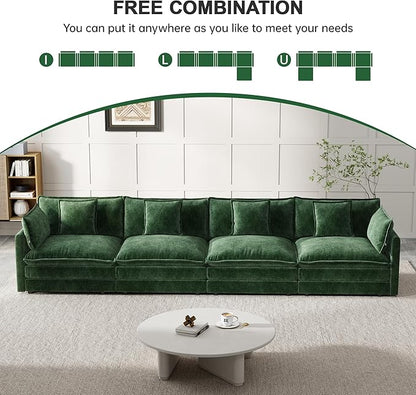 Modular Sectional Sofa, 146.5 Inch I-Shaped Cloud Sofa with Deep Seat Chenille Sofa with Cushions, Four Seater Sectional Sofa for Living Room Apartment,Evergreen