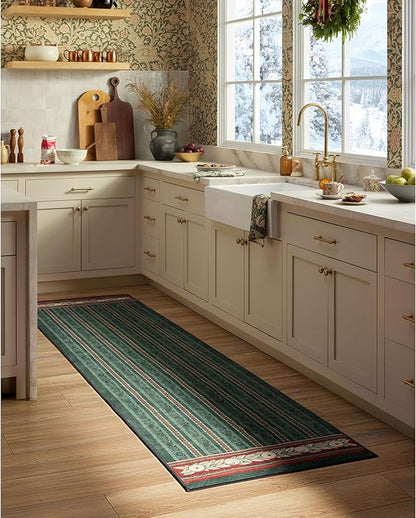 RUGGABLE x Morris & Co Machine Washable Christmas Area Rug– Fruit Stripe Spruce Green 9x12, Stain-Resistant, Non-Slip–Large Rugs for Living Room, Bedroom, Hallway, Entryway & Office–with Standard Pad