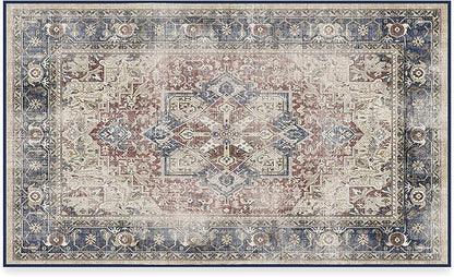 RUGGABLE Washable Vintage Area Rug – Kamran Royal Blue 3x5, Stain-Resistant, Non-Slip – Small Machine Washable Rugs for Living Room, Bedroom, Hallway, Entryway & Office–with Standard Pad