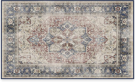 RUGGABLE Washable Vintage Area Rug – Kamran Royal Blue 3x5, Stain-Resistant, Non-Slip – Small Machine Washable Rugs for Living Room, Bedroom, Hallway, Entryway & Office–with Standard Pad
