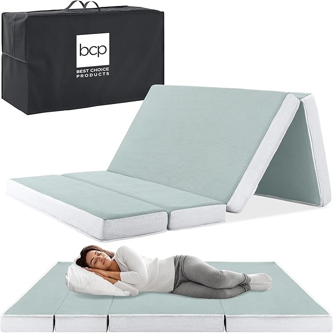Best Choice Products 4in Portable Full-Size Mattress, Tri-Fold Mattress for Camping, Guest, Toddler, Foam Plush w/Carry Case - Seafoam
