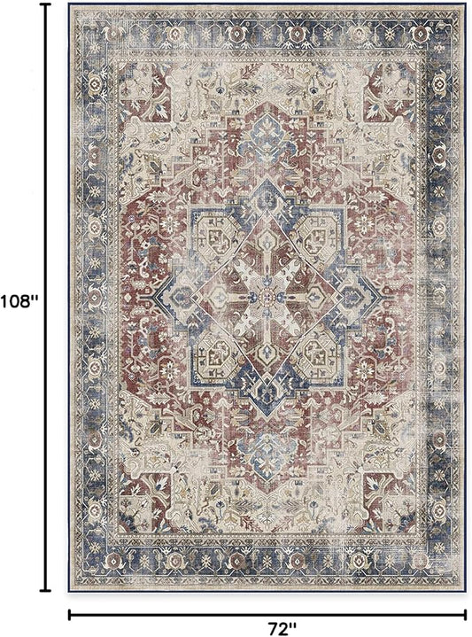 RUGGABLE Washable Vintage Area Rug – Kamran Royal Blue 6x9, Stain-Resistant, Non-Slip – Medium Machine Washable Rugs for Living Room, Bedroom, Hallway, Entryway & Office–with Standard Pad