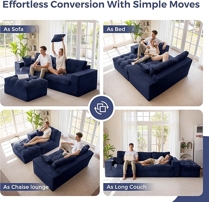 MAXYOYO 104" L Shaped Modular Sectional Sofa with Ottoman, Cloud Boneless Couch with Layered Cushion, Upholstered Sofa in a Box, Flexible Module Combination for Living Room, No Assembly, Navy