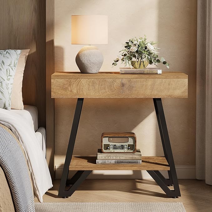Tribesigns End Side Table for Living Room, Narrow Couch Arm Side Table with Storage Shelves, Small Bedside Nightstand for Bedroom, Small Spaces, Natural(Set of 2)