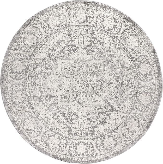 JONATHAN Y Modern Vintage Medallion Light Gray 8' Round Indoor Area Rug, Country, Floral, Easy-Cleaning for Living Room, Bedroom, Kitchen, Pet Friendly, Non-Shedding (MDP100A-8R)