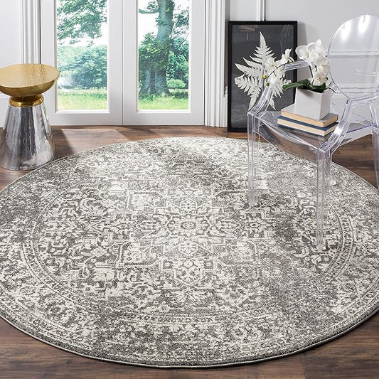 SAFAVIEH Evoke Collection 6'7" Round Grey/Ivory EVK256D Oriental Distressed Non-Shedding Dining Room Entryway Foyer Living Room Bedroom Area Rug