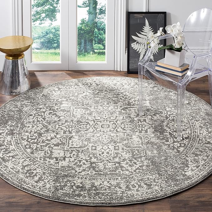SAFAVIEH Evoke Collection 9' Round Grey/Ivory EVK256D Oriental Distressed Non-Shedding Dining Room Entryway Foyer Living Room Bedroom Area Rug