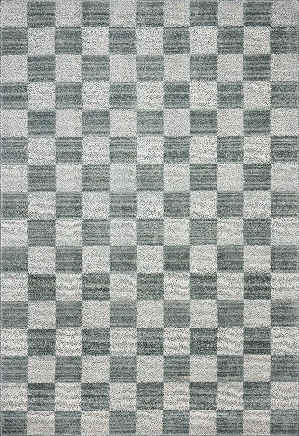 Loloi Chris Loves Julia Calvin Collection CLV-01 Blue/Ivory 6'-3" x 9'-6" Area Rug Checkered Neutral Soft Living Room Bedroom Carpet