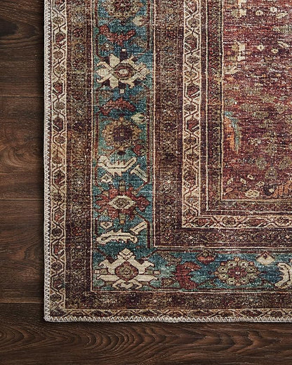 Loloi Layla Collection LAY-01 Brick/Blue 5'-0" x 7'-6" .13" Thick Area Rug, Soft, Durable, Vintage Inspired, Distressed, Low Pile, Non-Shedding, Easy Clean, Printed, Living Room Rug