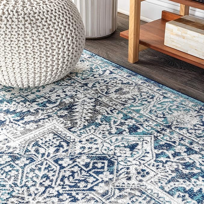 JONATHAN Y Modern Vintage Medallion Navy/Light Gray 9' Round Indoor Area Rug, Country, Floral, Easy-Cleaning for Living Room, Bedroom, Kitchen, Pet Friendly, Non-Shedding (MDP100B-9R)