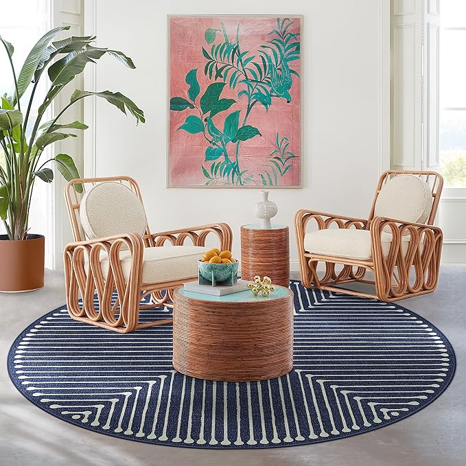 RUGGABLE x Jonathan Adler Machine Washable Modern Area Rug– Inkdrop Lapis Blue 6 ft Round, Stain-Resistant, Non-Slip–Medium Rugs for Living Room, Bedroom, Hallway, Entryway & Office–with Standard Pad