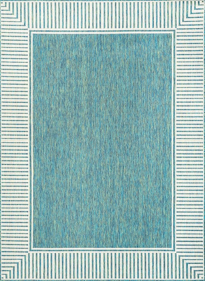 nuLOOM 9'6" x 12' Outdoor Area Rug, Casual Design With Striped Border, Stain Resistant, Highly Durable, For Patio, Balcony, Bedroom, Living Room, Dining Room, Bathroom, Teal
