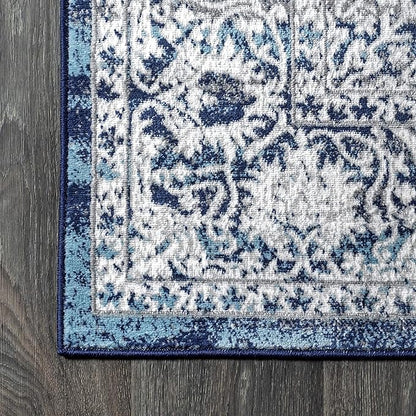 JONATHAN Y Modern Vintage Medallion Navy/Light Gray 9x9 Square Indoor Area Rug, Country, Floral, Easy-Cleaning for Living Room, Bedroom, Kitchen, Pet Friendly, Non-Shedding (MDP100B-9SQ)