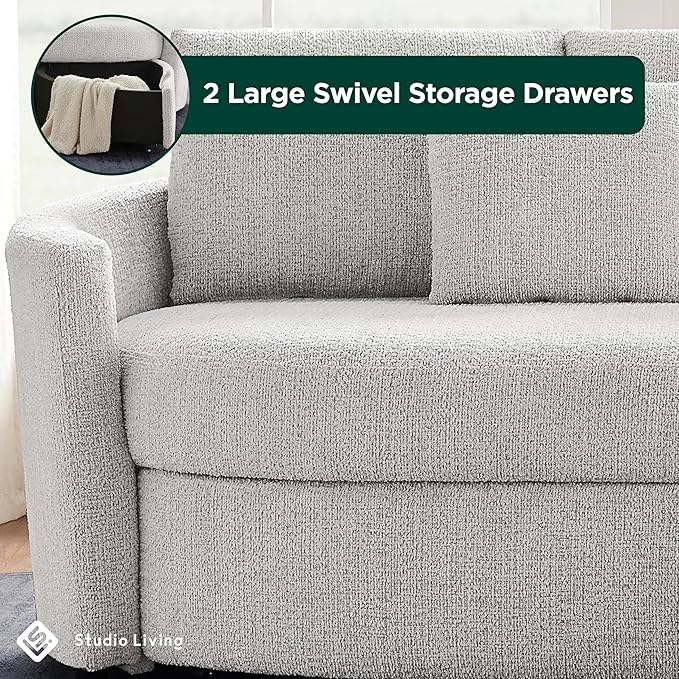 Studio Living® Beckett 92" Storage Sofa, Modern Farmhouse, Pocket Coil Comfort, Easy Assembly, Chenille Fabric, Ivory