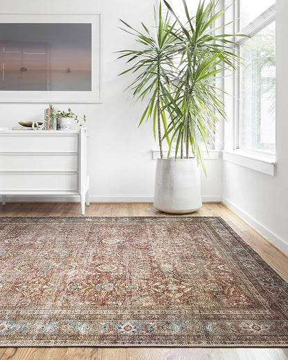 Loloi Layla Collection LAY-01 Brick/Blue 9'-0" x 12'-0" .13" Thick Area Rug, Soft, Durable, Vintage Inspired, Distressed, Low Pile, Non-Shedding, Easy Clean, Printed, Living Room Rug