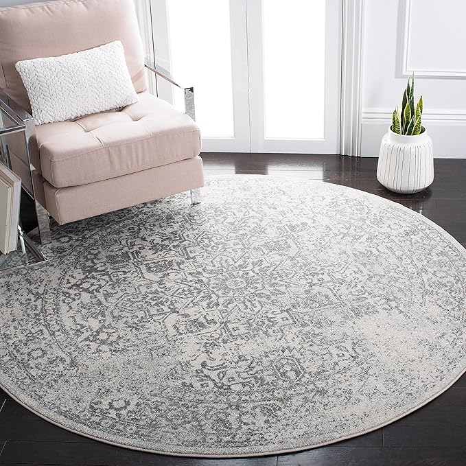 SAFAVIEH Evoke Collection Area Rug - 3' Round, Ivory & Grey, Distressed Design, Non-Shedding & Easy to Clean, Ideal for Foyer, Bedroom, Accent Space (EVK256F)