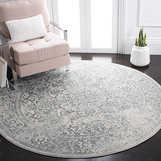 SAFAVIEH Evoke Collection Area Rug - 6'7" Round, Ivory & Grey, Distressed Design, Non-Shedding & Easy to Clean, Ideal for Living Room, Bedroom, Dining Space (EVK256F)