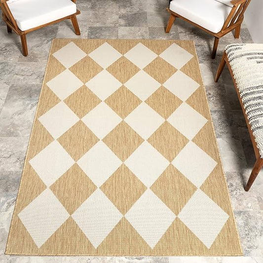nuLOOM 4' x 6' Outdoor Performance Area Rug, Stain Resistant, Weather Resistant, High Traffic, Patio, Balcony, Outside, Sabina Tan
